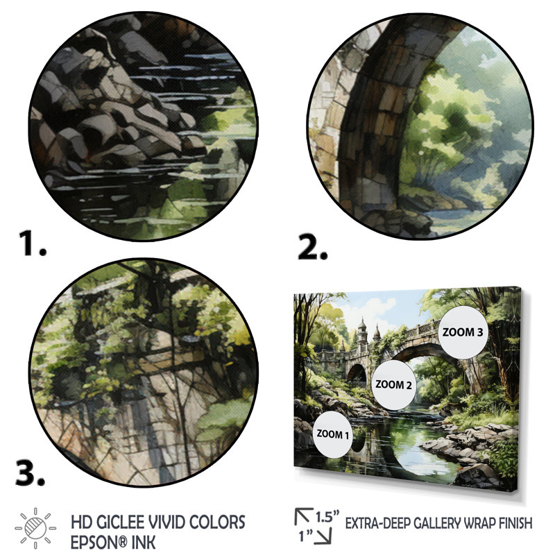 «Lymann Green Bridge Serene Arch III», reproduction sur toile, H 12 po x l 20 po x P 1 po, Cadre flottant doré