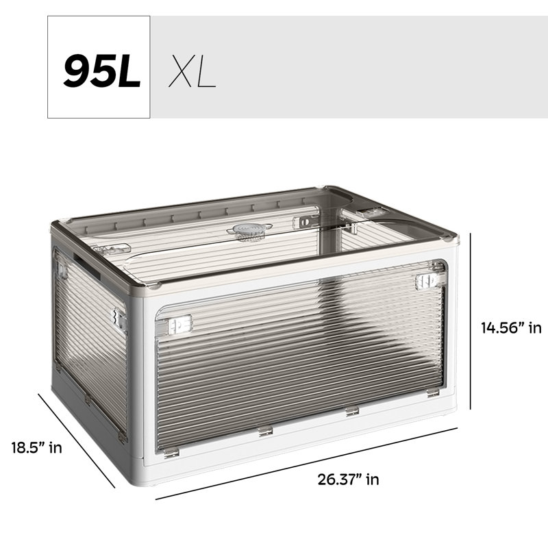Extra Large Collapsible Storage Box Bin, 5 Side Clear Open Access Stackable w/ Lid, White