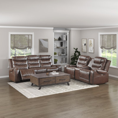 Denby Transitional Breathable Faux Leather Manual Reclining 2-Piece Living Room Set with Gliding Console Loveseat, Drop-Down Table & Nailhead Trim