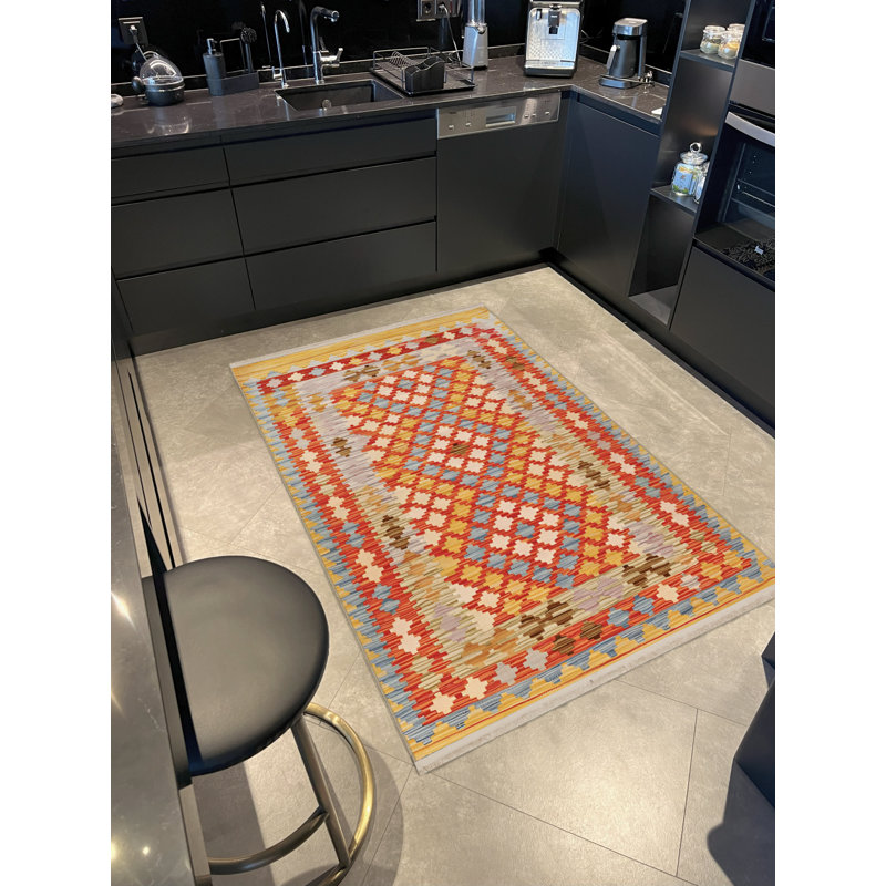 Tapis décoratif multicolore à motif géométrique orange, Tapis de couloir 3 pi 3,37 po x 9 pi 10,11 po