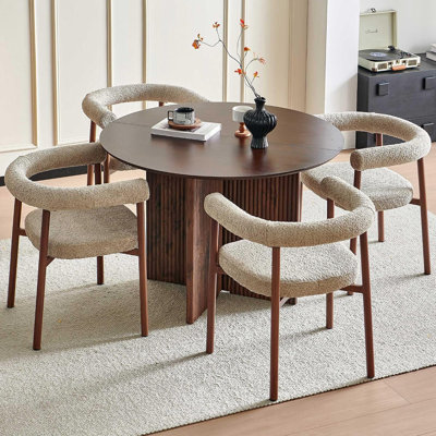 Ensemble de table de cuisine ronde en noyer de 110 cm (43,39 po) pour 4 personnes avec chaises de salle à manger et plateau en placage de bois massif.