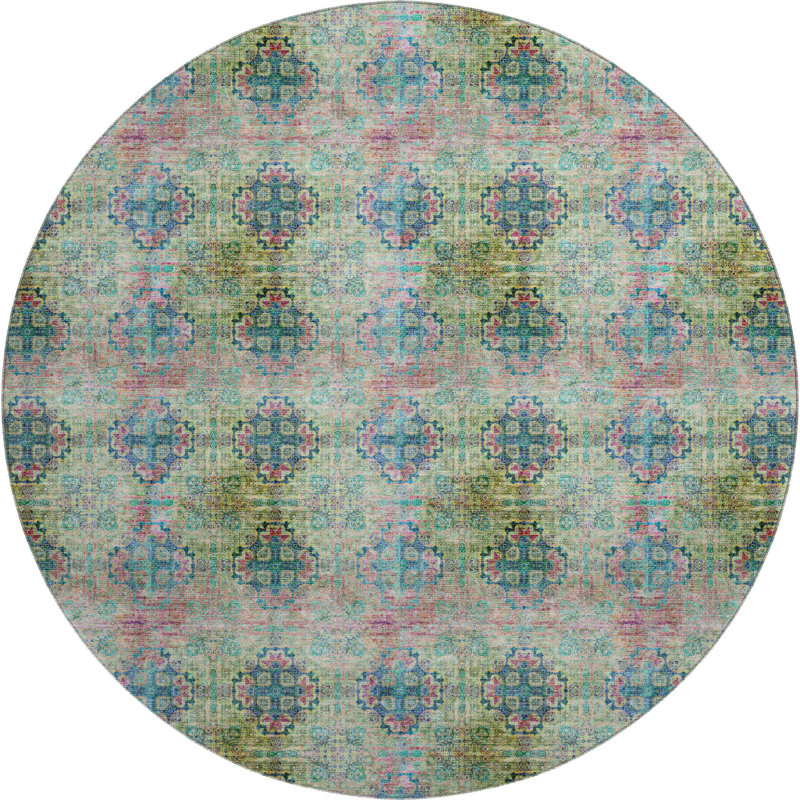 Premium Machine Washable Cerrito AMF557 Green Rug, Round 8'