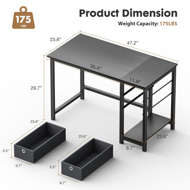 Bureau d'ordinateur avec 2 tiroirs en tissu et crochet pour casque, Noir, noir, noir, noir, H 29,7 po x l 47,2 po x P 23,6 po
