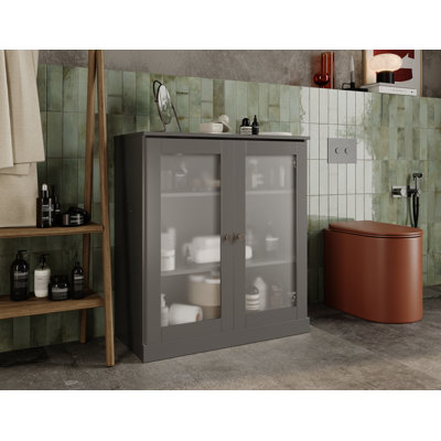 Armoire de salle de bain 100% bois massif 32 po avec portes en verre givré et tablettes réglables