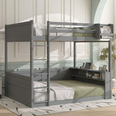 Grand lit superposé en bois avec tablettes intégrées, boîte de rangement, lumière DEL et station de charge USB, gris