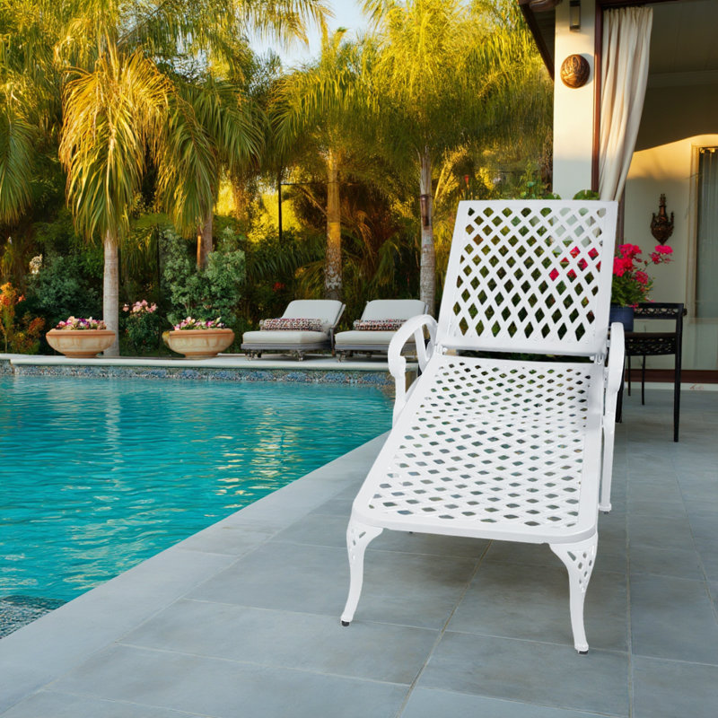 Adjustable Cast Aluminum Patio Chaise Lounge with Wheels and Reclining Backrest, White