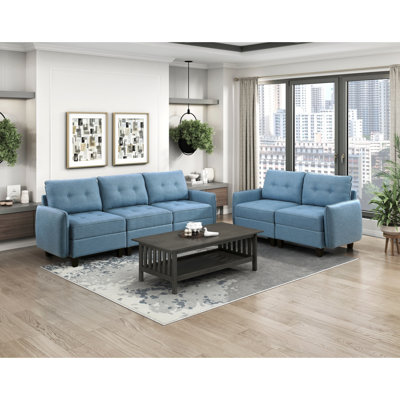 Chaise de salon modulaire 1 pièce en bois massif capitonné bleu