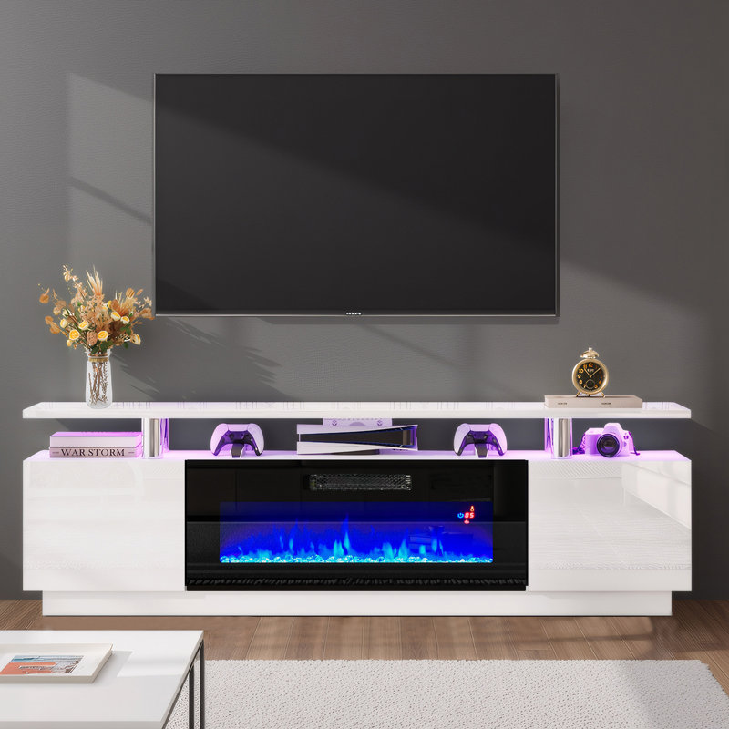 Meuble télé Bhhatu 70 po à 2 niveaux avec foyer électrique brillant, blanc / noir, Blanc/Noir, 70"