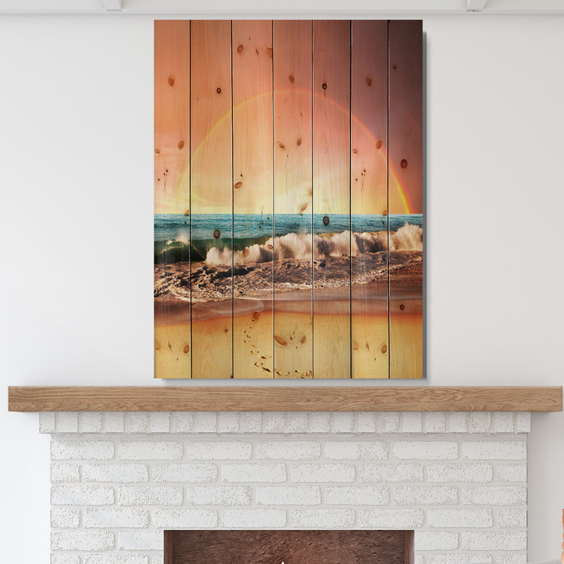 Majestic Rainbow over Seashore - impression d'art graphique, H 20 po x l 15 po x P 1 po, Bois