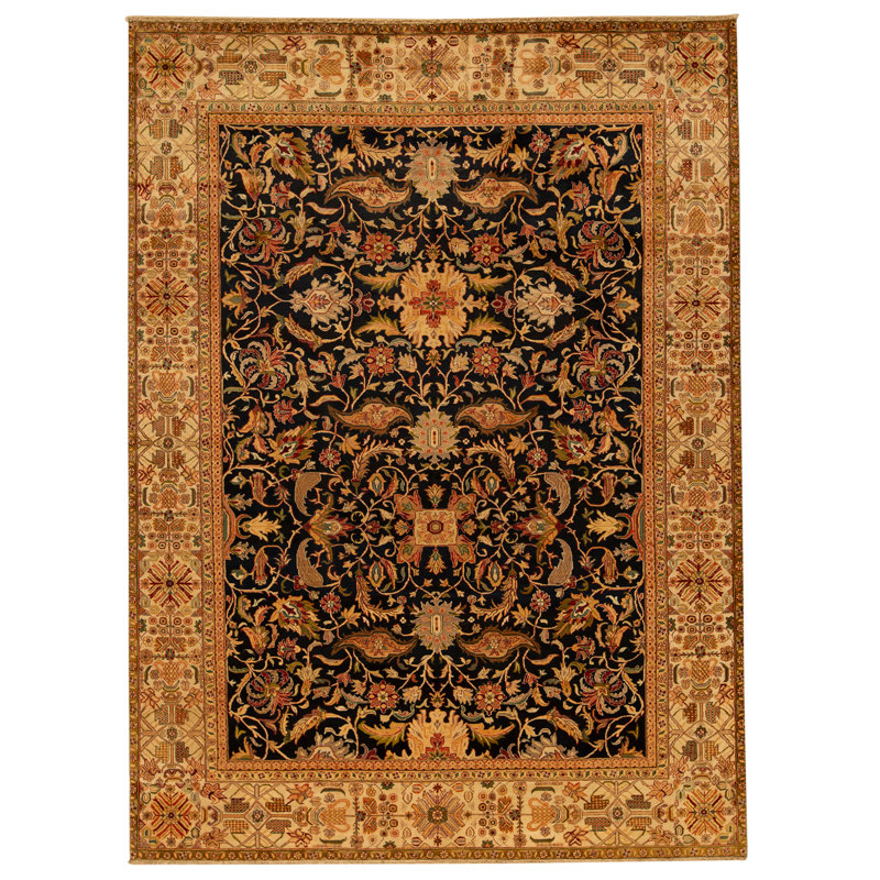 Hand Knotted Wool Oriental Area Rug in Blue And Cream