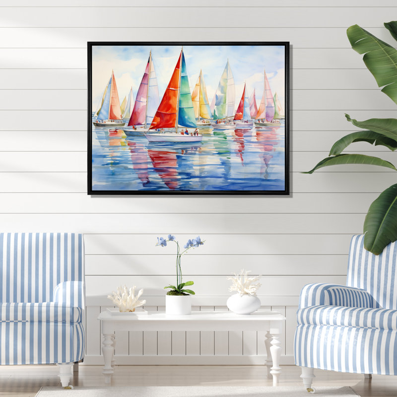 «Miminimlaism Watercolor Regatta III - Bateau à voile, art mural», H 30 po x l 40 po x P 1,5 po, Cadre flottant noir