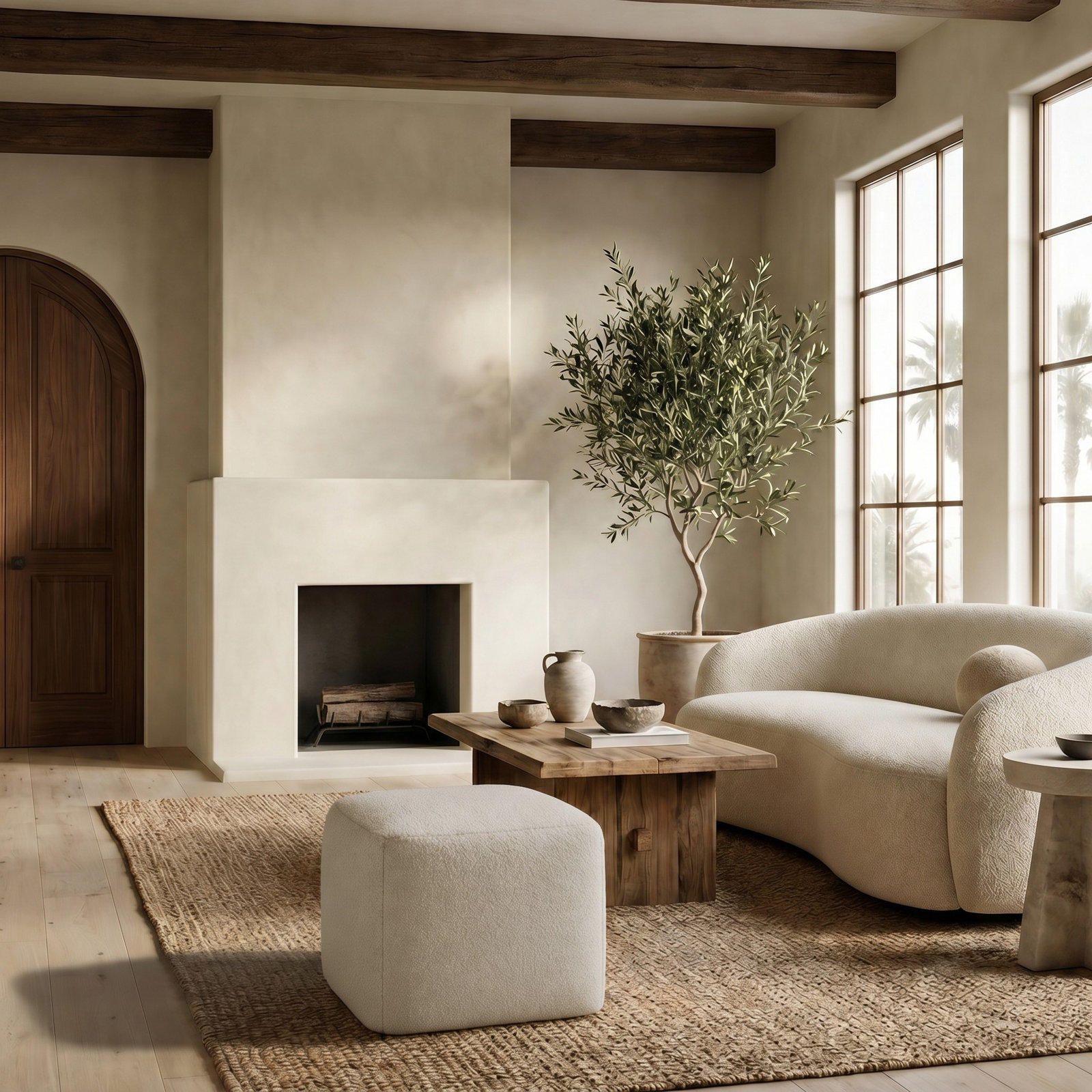 Inaki Upholstered Pouf, White Faux Lams Wool