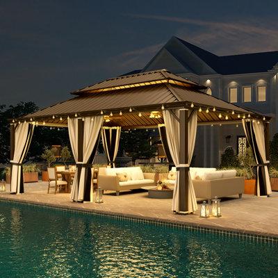 20 Ft. W x 14 Ft. D Hardtop Gazebo, PRO Premium Aluminum Frame Gazebos With Galvanized Steel Double Roof, Permanent Outdoor Metal Pavilion With Curtain And Netting For Patio, Lawn, Deck