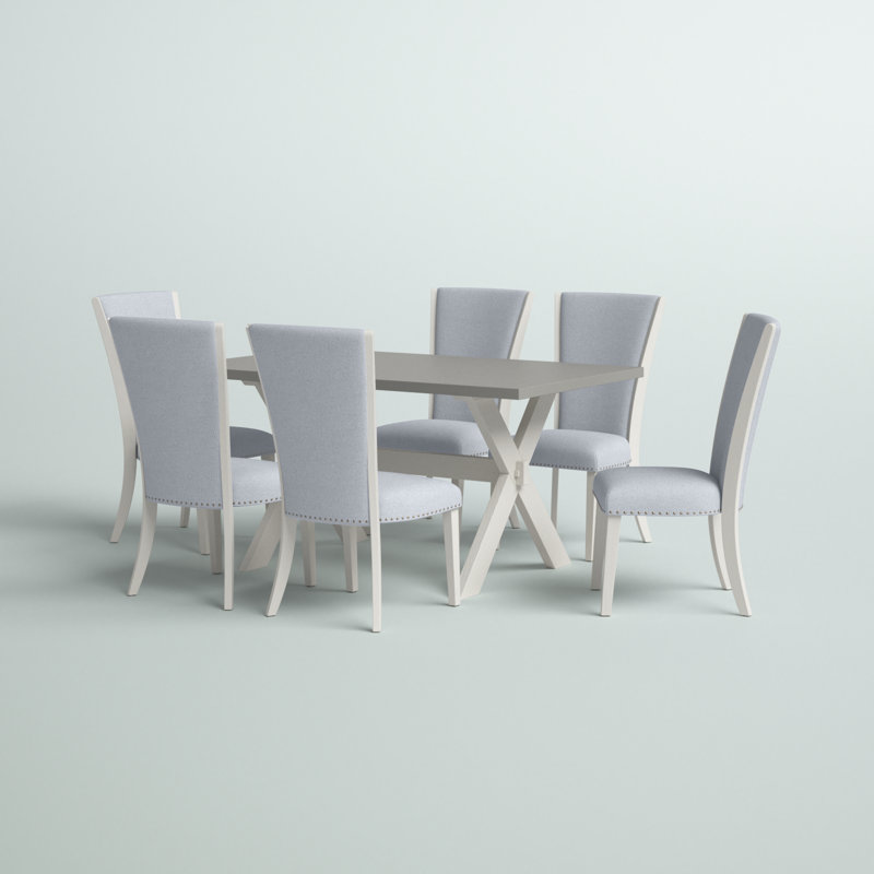 Ensemble de table et chaises de cuisine 7 pièces comprenant une table de salle à manger rectangulaire avec pieds en X et 6 chaises rembourrées en tissu de lin gris, lin brossé blanc
