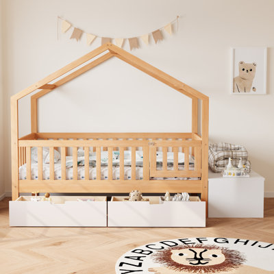 Toddler Solid Wood House Bed Natural & White, with Storage, with Guardrails, 1 Piece