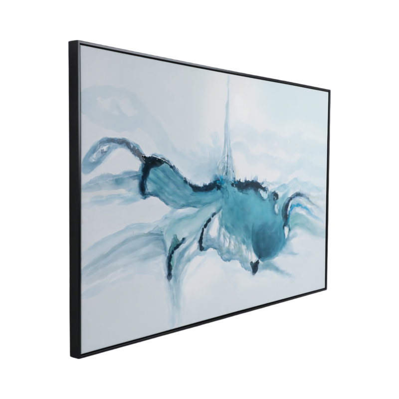 Large Blue and Green Abstract Canvas Painting with Black Frame