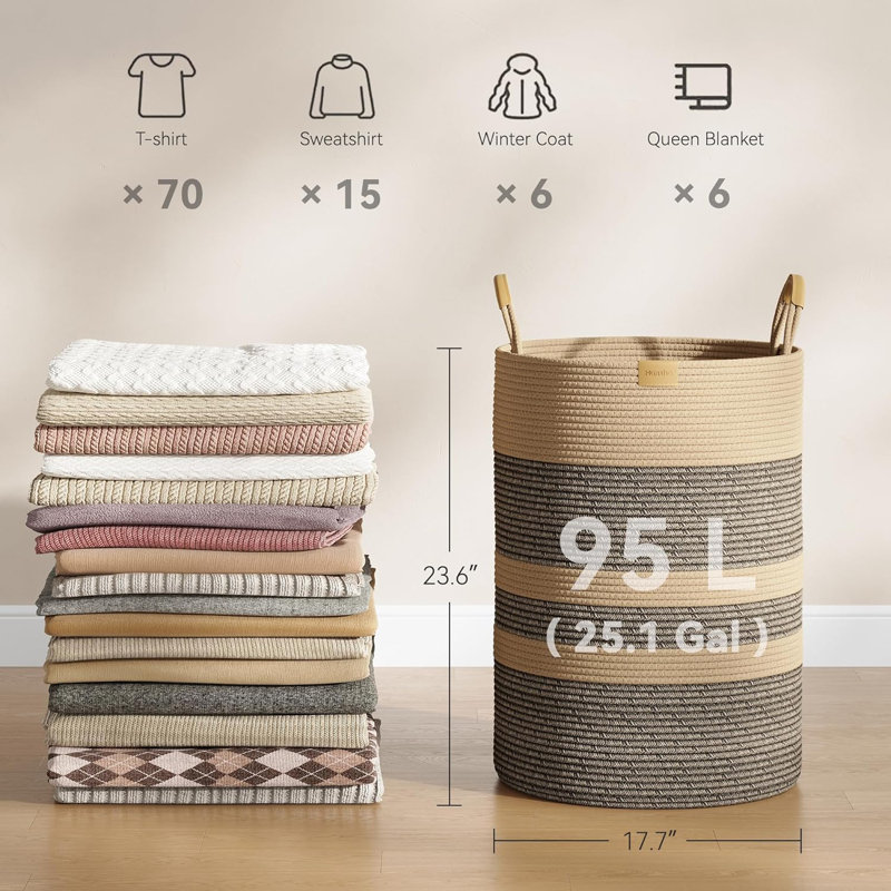 95L Striped Laundry Hamper with Leather Handles Large Foldable Laundry Basket Cotton Rope Storage Bin Dark Brown Stripes