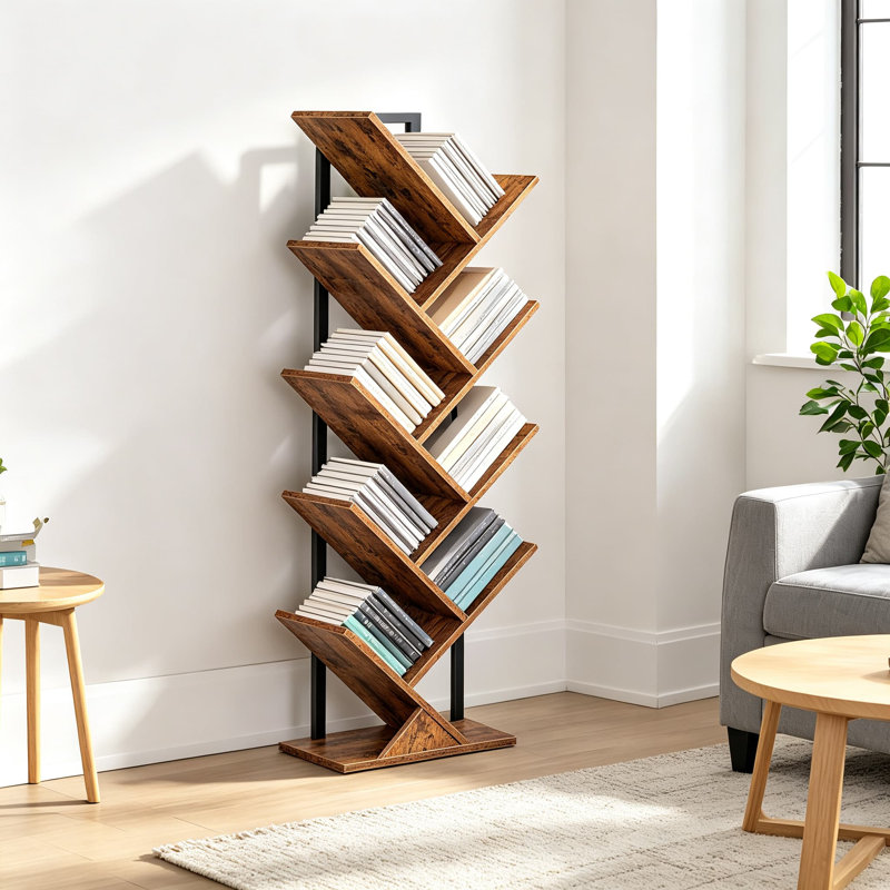 Étagère en forme d'arbre avec structure métallique, bibliothèque sur pied à 9 niveaux pour salon, bureau et chambre, étagère de rangement en bois pour livres, CD et magazines