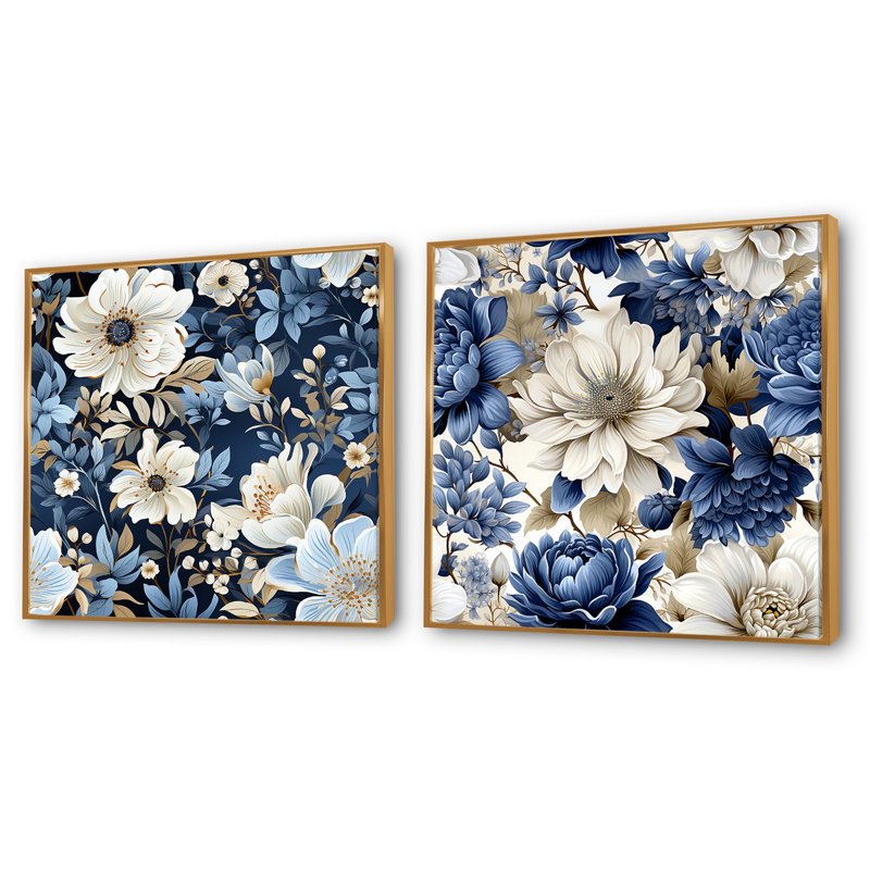 Polston - Ensemble de 2 collages floraux carrés, H 16 po x l 33 po, Cadre flottant doré