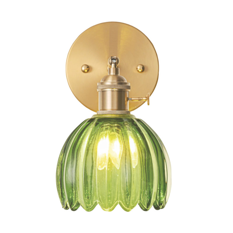 Applique murale câblée, applique murale rétro avec interrupteur, luminaire mural doré avec abat-jour en verre tulipe vert, applique murale d'intérieur pour la salle de bain de la chambre à coucher, lampe murale de chevet