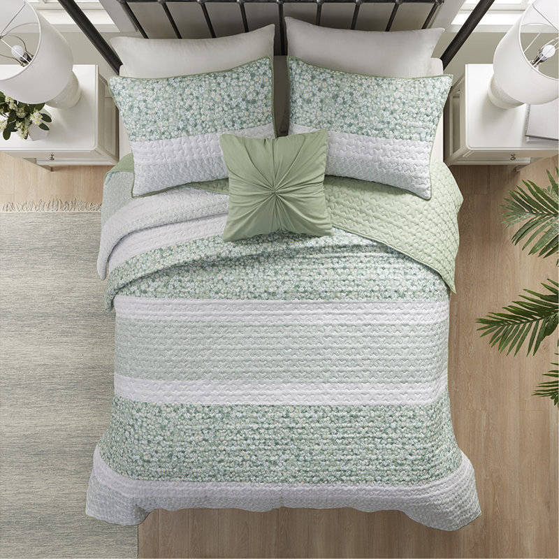 Ensemble de courtepointe double / grand 4 pièces avec coussin décoratif, Motif floral vert