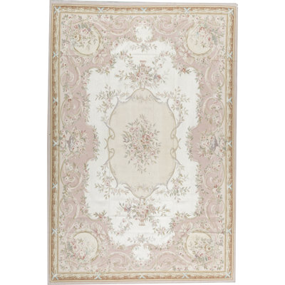 Tapis ivoire et rose noué à la main de haute qualité