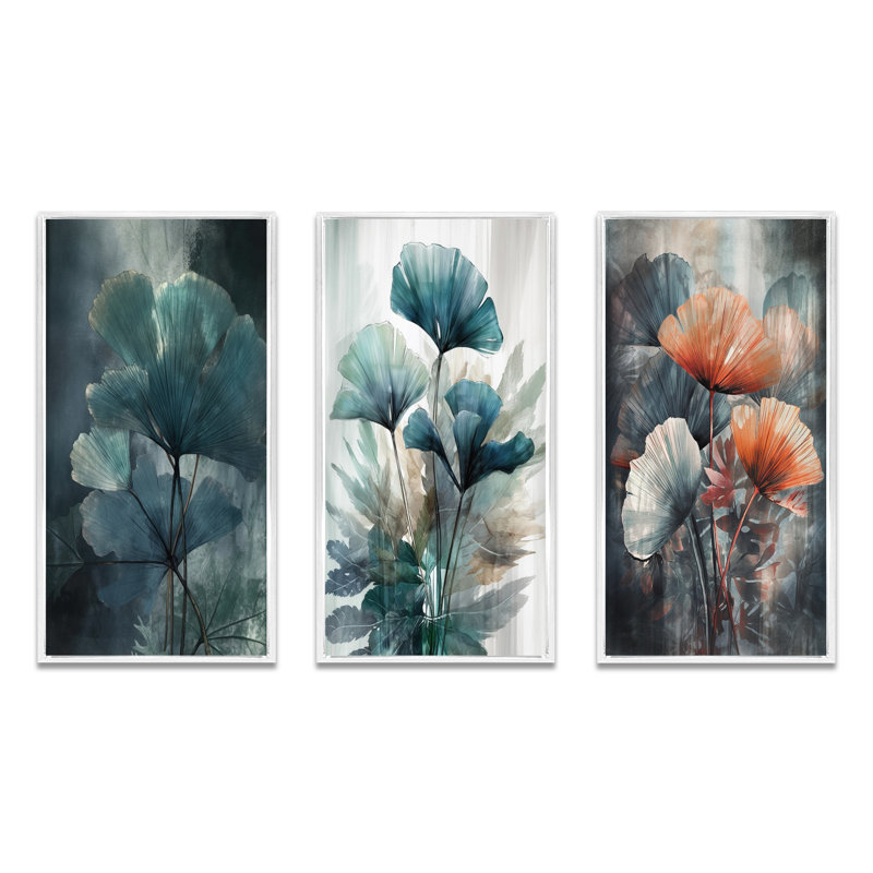 Feuilles de palmier tropical - ensemble de 3 impressions de ginkgo, Cadre flottant blanc, H 20 po x l 36 po