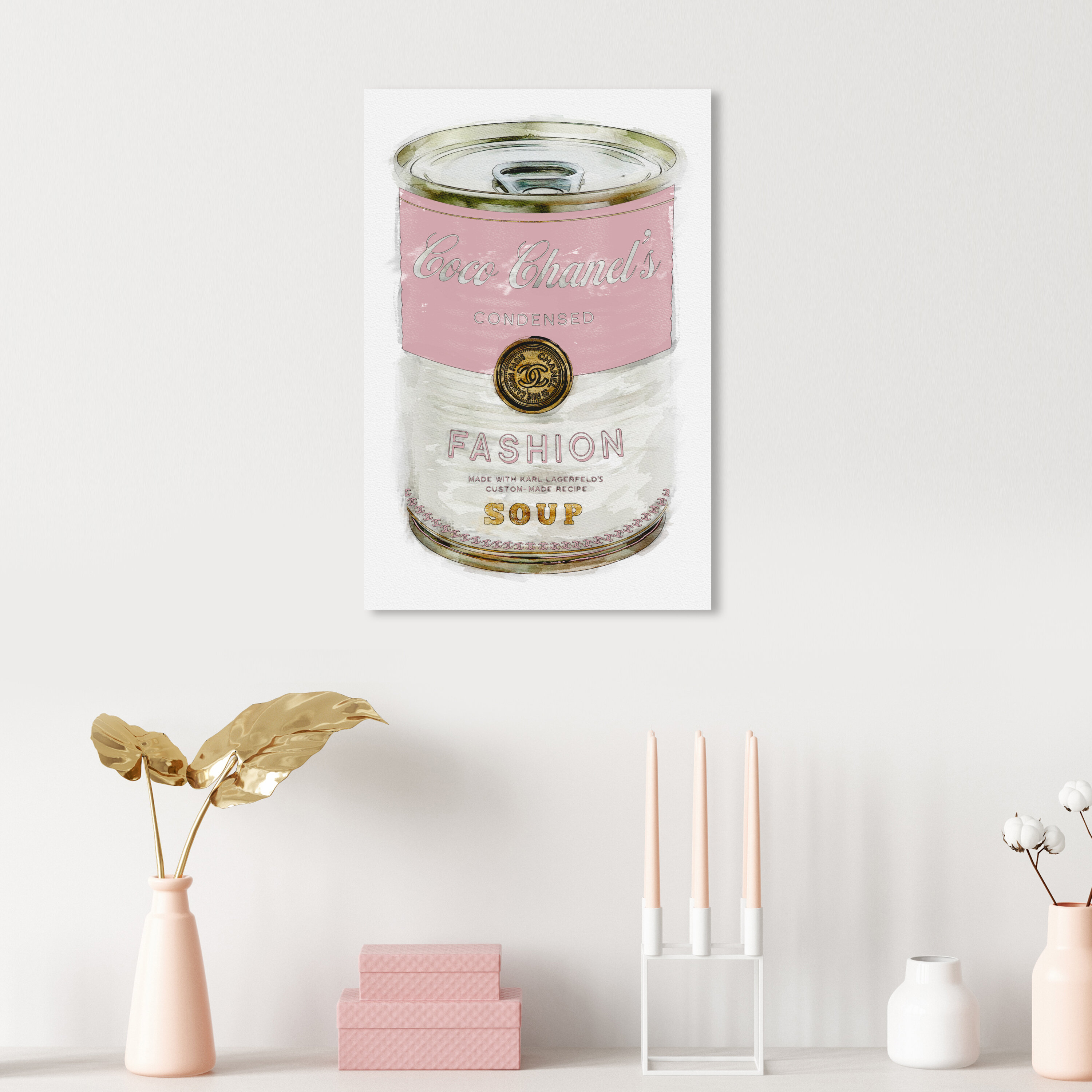 Fashion and Glam Fashion Soup Pink Can by Oliver Gal - Graphic Art Print on Canvas Oliver Gal Size: 15 H x 10 W