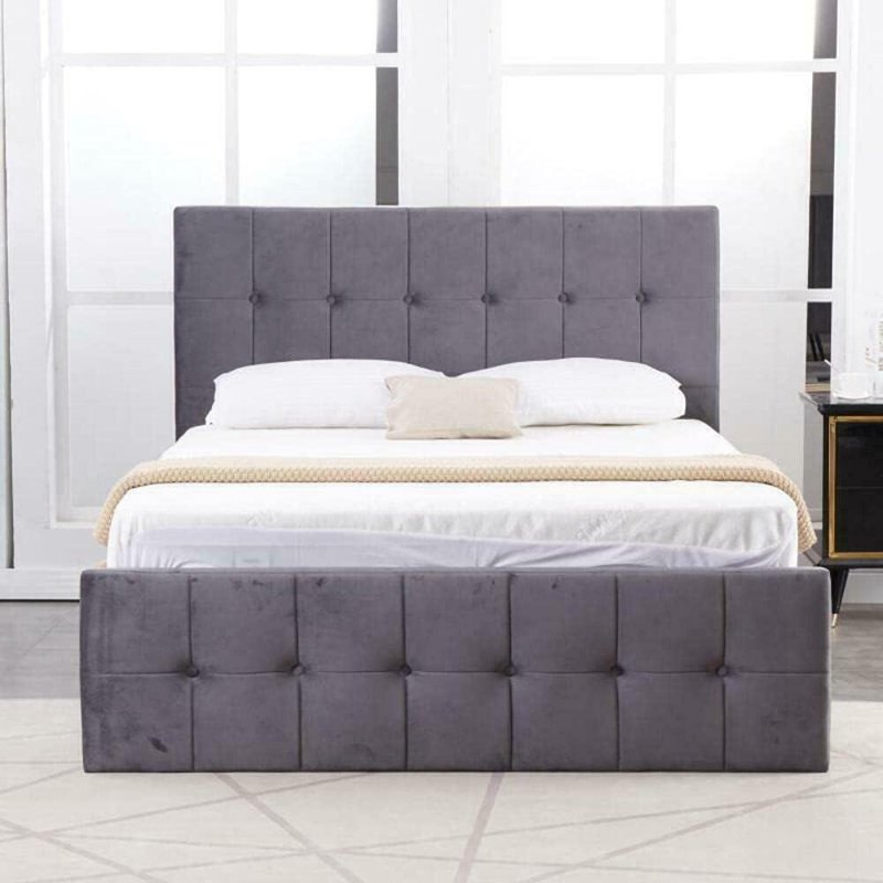 Ottoman Bed Gas Lift Storage 3ft Single and 1 Mattress Velvet Cushioned Bedroom, Grey