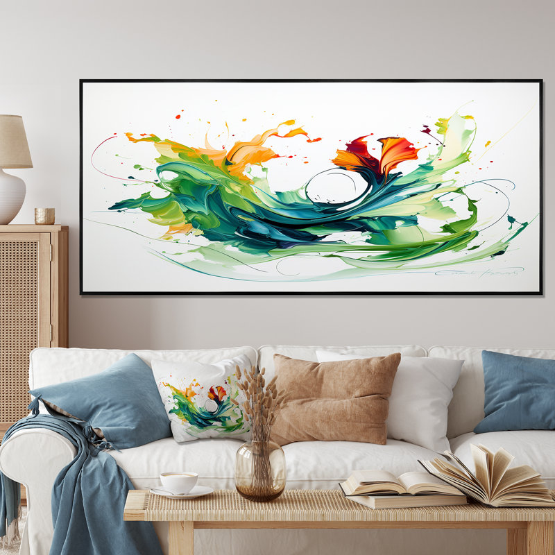Peinture abstraite verte et blanche VI - Art mural abstrait, H 28 po x l 60 po x P 1,5 po, Cadre flottant noir