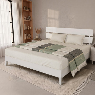 Solid Wood Platform Bed Frame , King Bed Frame With Headboard Included, Mid Century Modern Bed, White