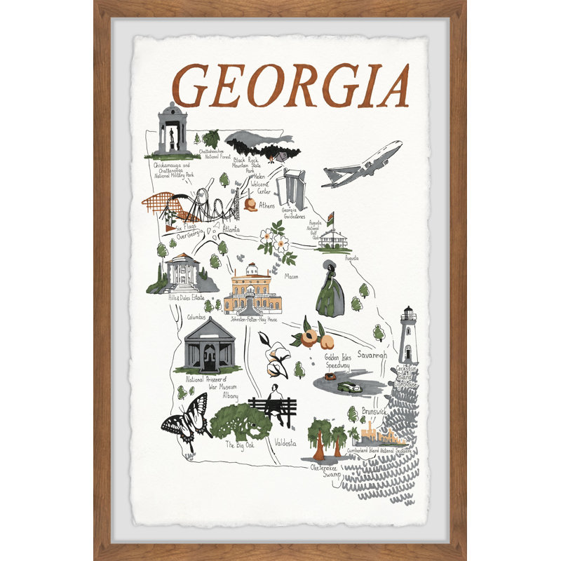 «Illustrated Map Of Georgia», reproduction d'art sur papier, H 24 po x l 16 po x P 1,5 po