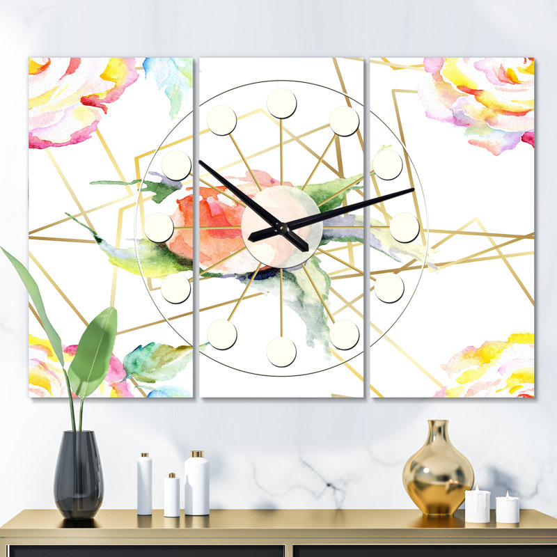 Horloge murale rétro surdimensionnée rose fleur Mid-Century