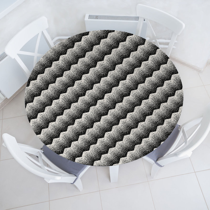 Ebern Designs Abstract Fitted Round Tablecloth Eggshell and Charcoal Grey