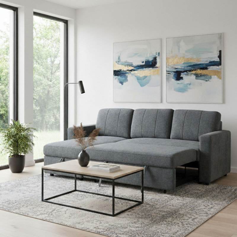 Movari Smart Corner Sofa Bed with Storage & Pull-Out Sleeper Modern Fabric L-Shaped Sofa with Chaise, Charcoal Polyester