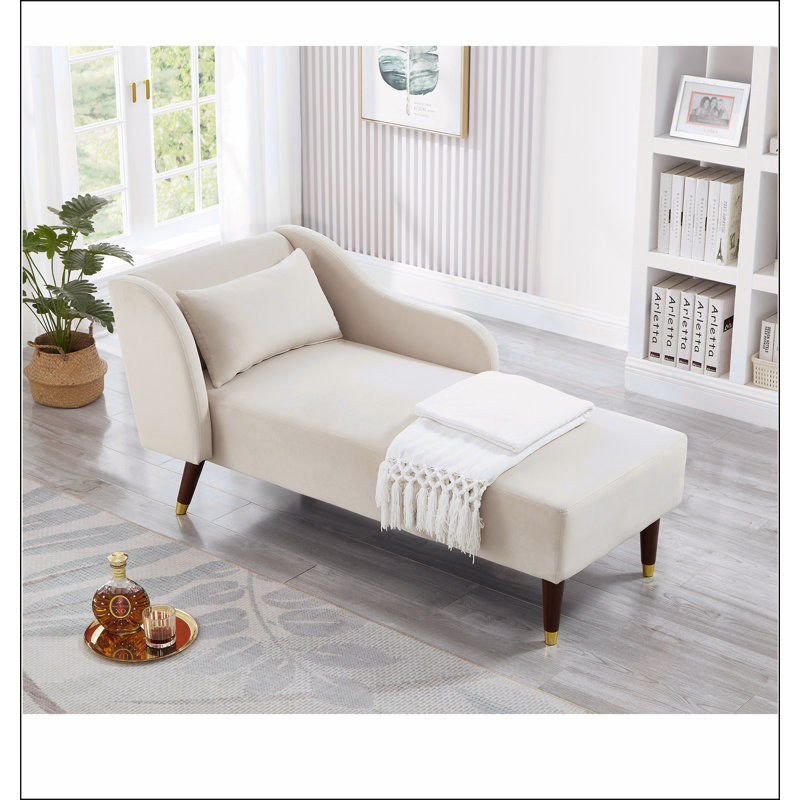 Modern Chaise Lounge Chair Velvet Upholstery, Beige