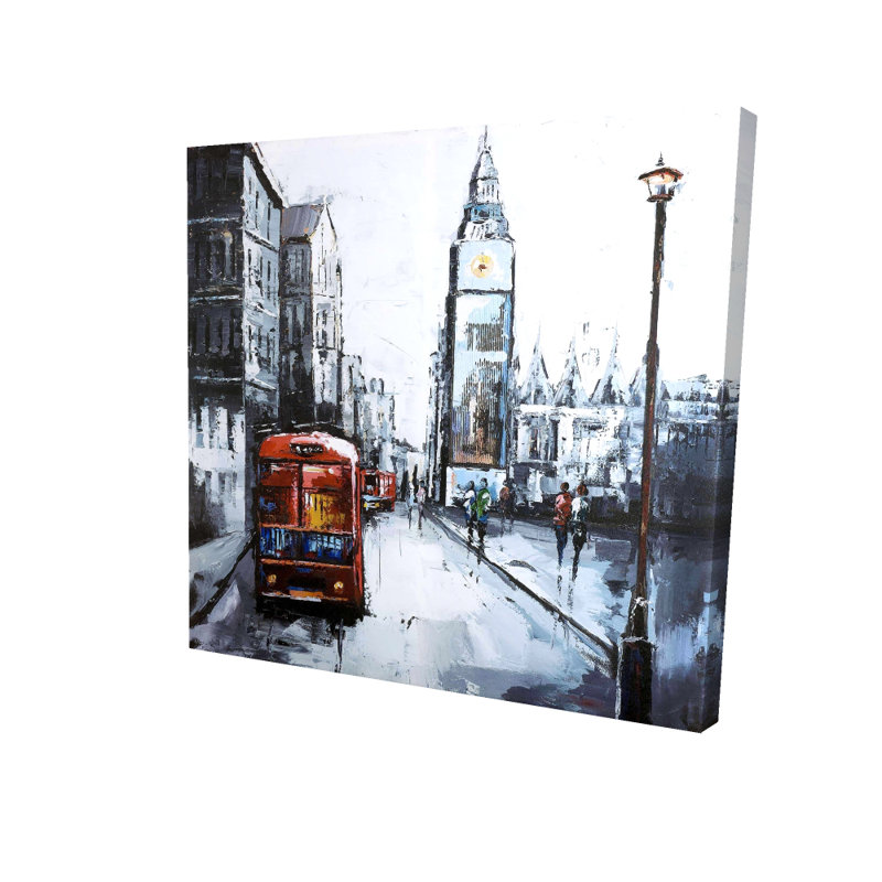 Toile abstraite «London and Red Bus» | Décor de salon bleu cités