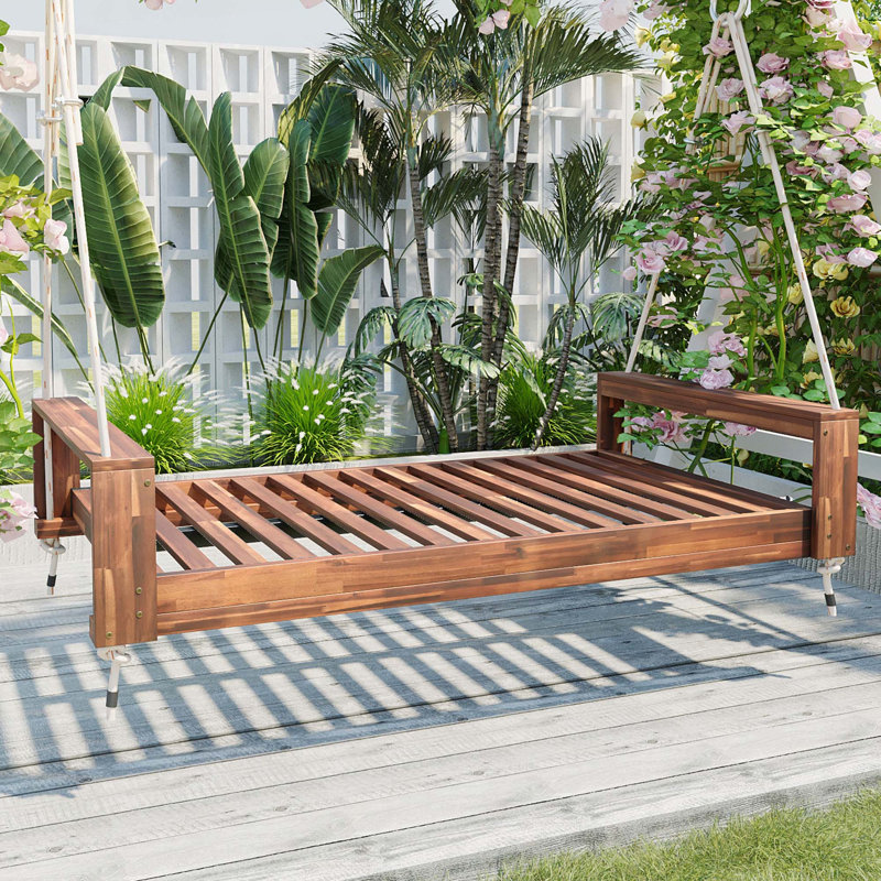 Ensemble de conversation pour lit simple avec véranda en bois d'acacia et cordes en chanvre pour jardin, cour, Natural