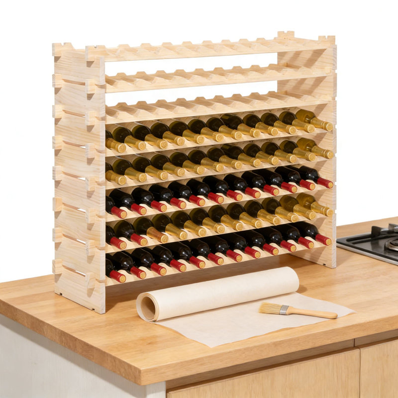 Stackable Modular Wine Rack For 96 Bottles, 8-Tier Solid Wood Freestanding Wine Storage Holder For Kitchen, Cellar, Or Bar