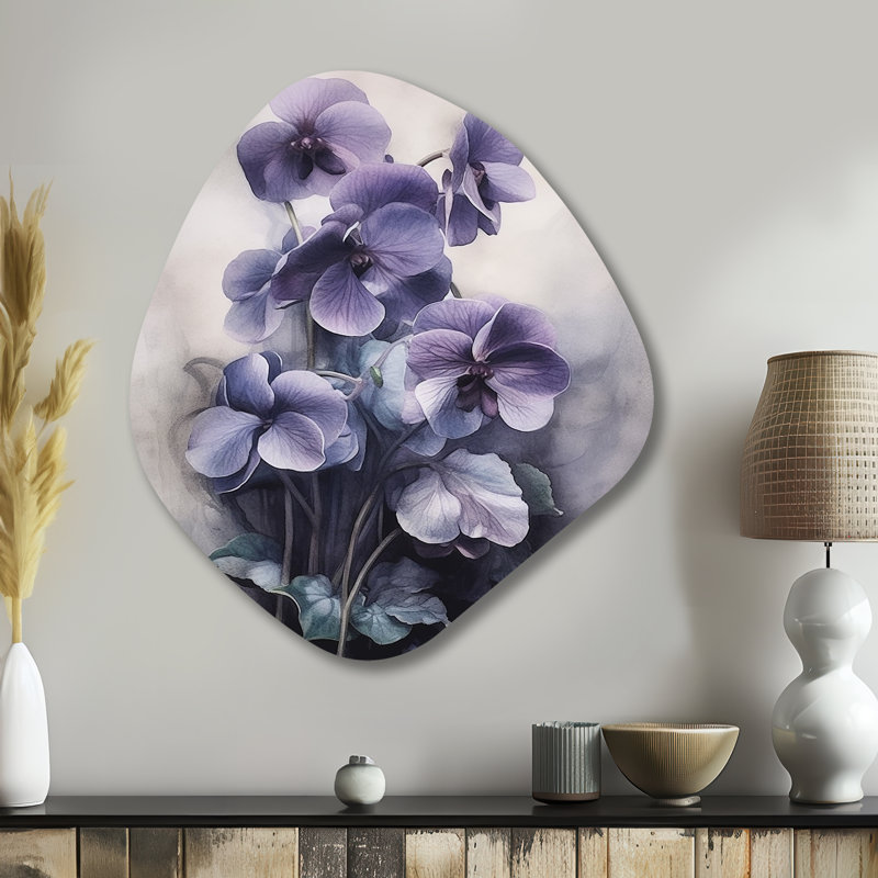 Mauve gris, violettes, rêve II - art mural asymétrique en forme de nébuleuse florale, H 35 po x l 31 po x P 1 po
