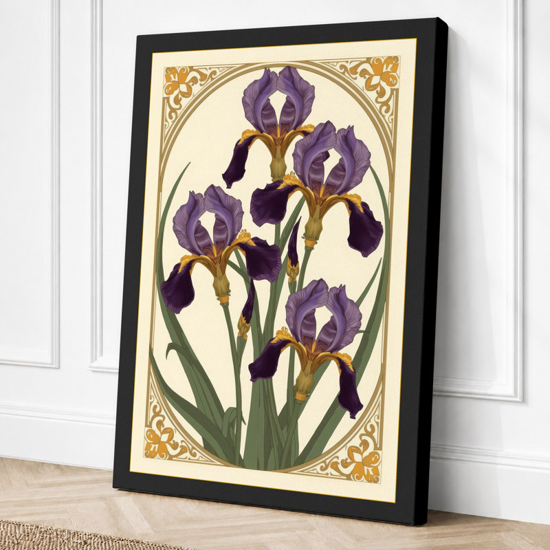 Iris Study in Gold Botanical 1 Piece Wrapped Canvas Wall Art, 36x24 - 91.4 x 61.0 cm, Black Border