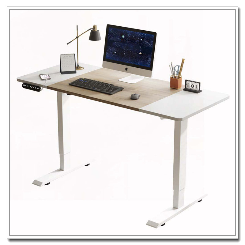 Bureau électrique à hauteur réglable, Bois de chêne naturel / blanc antique, H 24 po x l 47,2 po x P 24 po