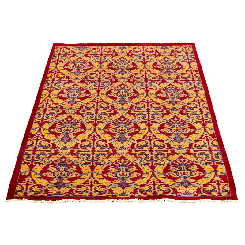 Tapis décoratif en laine rouge/jaune noué à la main New Age de conception unique 5 pi 1 po x 7 pi 7 po Denym