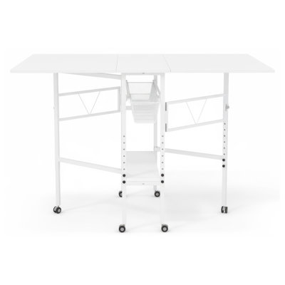 Sew Ready Folding Sewing Craft Table with Storage Drawers and Wheels, White
