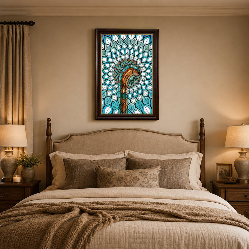 Art mural en toile bleu sarcelle et vitrail doré, H 24 po x l 16 po