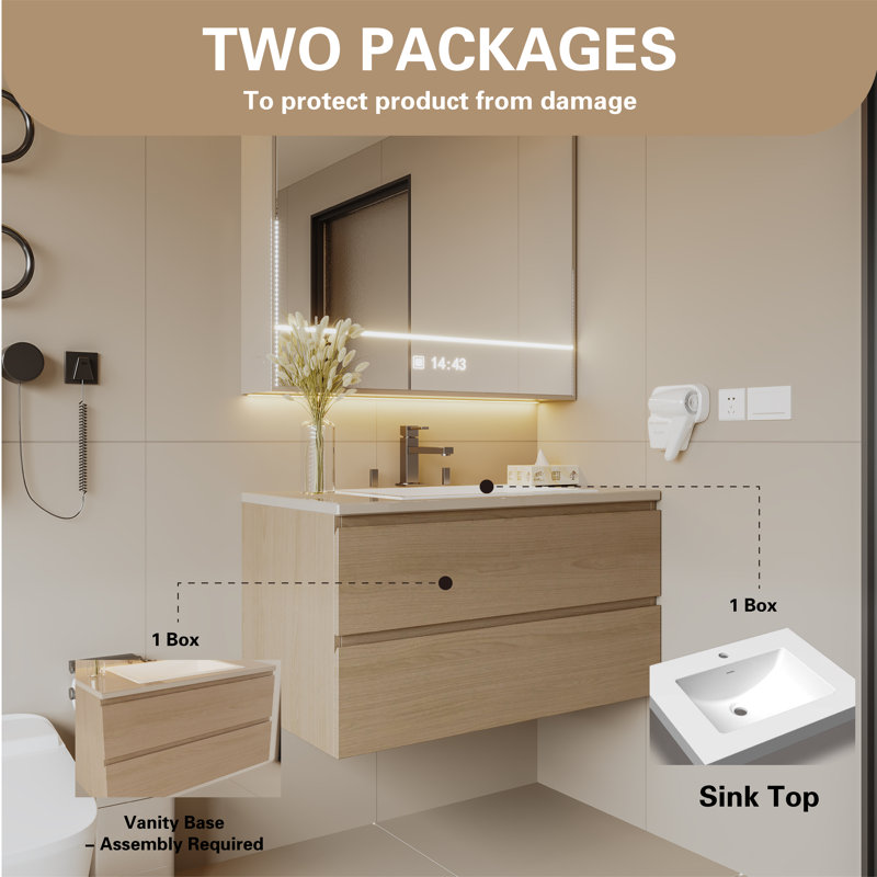 Ensemble de meuble-lavabo mural 25 po - Meuble-lavabo flottant moderne avec tiroirs à fermeture en douceur, comptoir une pièce, sable Cosmo