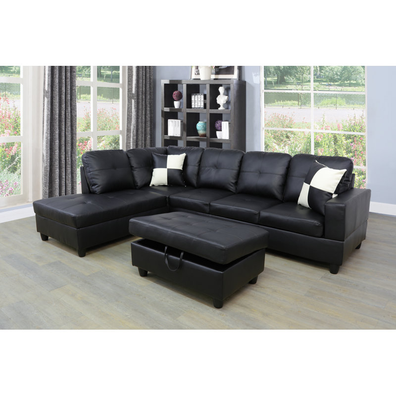 Faux Leather L-Shaped Sectional Left Hand Facing, Black, Black Faux Leather
