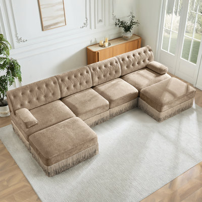 Canapé modulaire Camel à 4 places avec jupe à pampilles, repose-pieds, revêtement en molleton et siège à boutons ergonomique pour le confort de la maison, caractéristique de couleur, mousse de densité dans la chambre à coucher