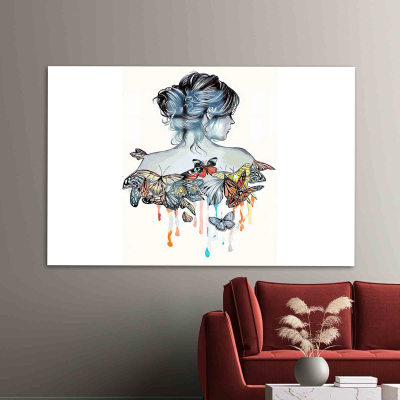 Abstrait, fille et papillons, art mural en verre mettant en vedette une femme élégante dans un design artistique, idéal pour la décoration intérieure