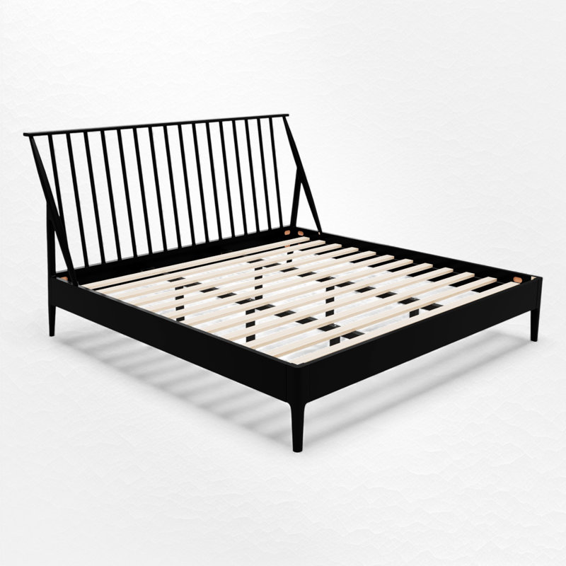 Wood Spindle Platform Bed, Mid-Century Modern, Black, King